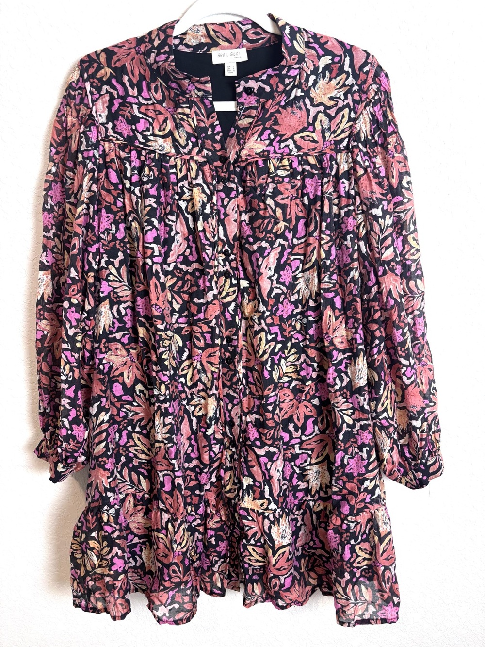 See U Soon Black Multicolor Floral Babydoll Mini Dress Women’s Medium Flowy Boho